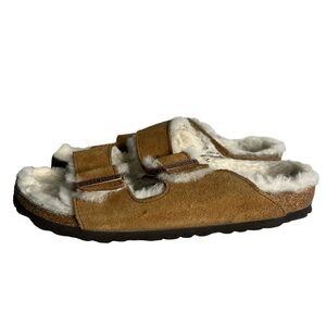 Brown Shearling Lined Sandals Tan Suede Slip On Shoes Size 6 Narrow Width